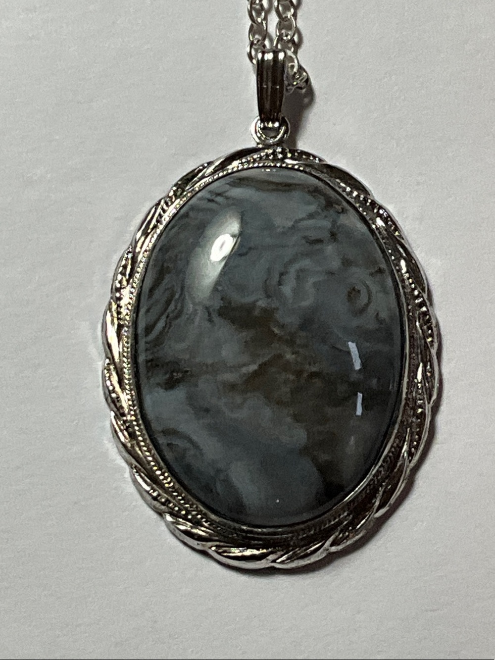 Polished Blue-Gray Agate Oval Pendant Necklace in Sterling Silver
